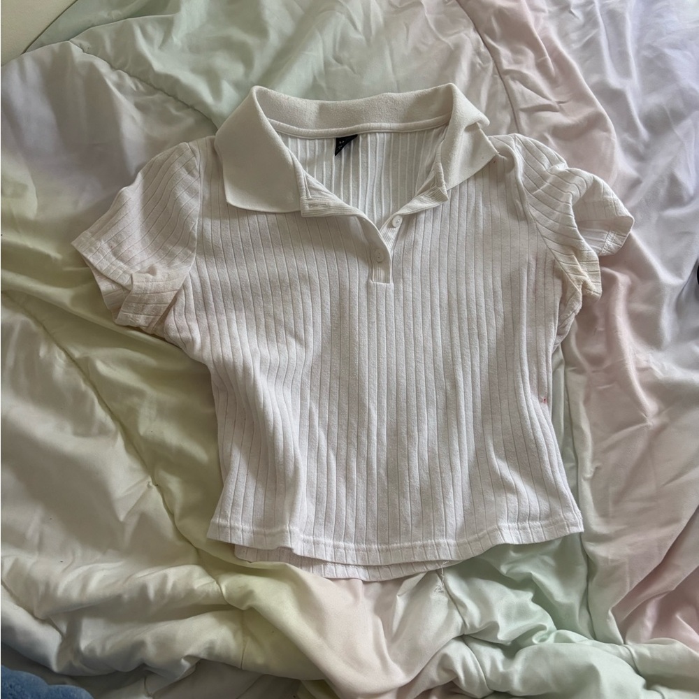 White Ribbed Polo Collar Top